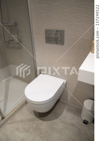 Modern bathroom interior featuring a white wall-hung toilet, sleek flush plate, grey tiled floor, and textured tiled wall, creating a clean and minimalist aesthetic 137249522
