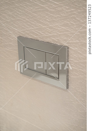Chrome dual flush plate with two rectangular buttons mounted on a light textured wall, providing a sleek, modern, and water-efficient solution for bathroom plumbing fixtures Chrome dual flush plate with two rectangular buttons mounted on a light textured wall, providing a sleek, modern, and water-efficient solution for bathroom plumbing fixtures 137249523