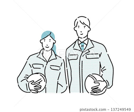 Business people with helmets - two men and women in work clothes - upper body - vector illustration Business people with helmets - two men and women in work clothes - upper body - vector illustration 137249549