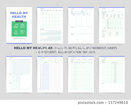 Health planner, printable planner set of eight A5 pages including meal and workout tracking, daily and monthly planners, habits and symptoms logs, supplements and medication trackers for wellness 137249618