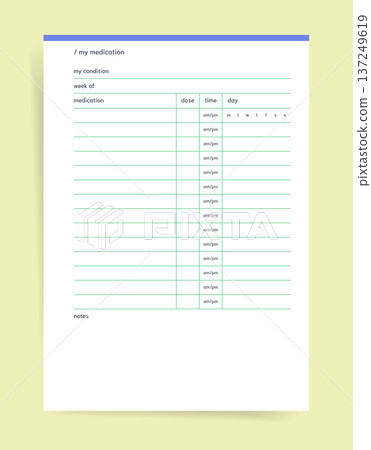 Medication tracker planner. Printable planner page with weekly medication table for recording doses, times and days; simple medication log with notes section for health management 137249619