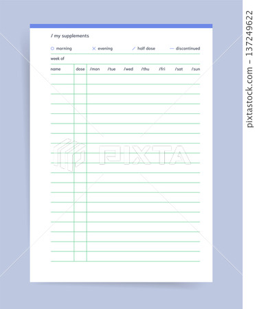 Supplements tracker planner. Printable planner page with weekly supplement log, dose and day columns, morning, evening, half dose, discontinued indicators. minimal design for health planning 137249622