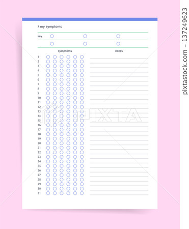Symptoms tracker planner. Printable planner page for daily symptom tracking with key and notes section; monthly log with circles and lined notes for health observation and journaling 137249623