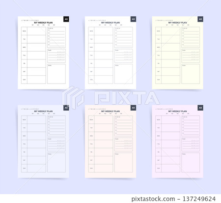 Weekly planner template set of six A5. Printable planner pages with daily sections, to do lists, goals and notes; pastel weekly planner for organizing tasks and productivity 137249624