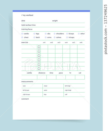 Workout planner, printable planner page with exercise sets, reps and weight tracking, training focus options, cardio metrics and body measurements; gym workout planner for fitness logging 137249625