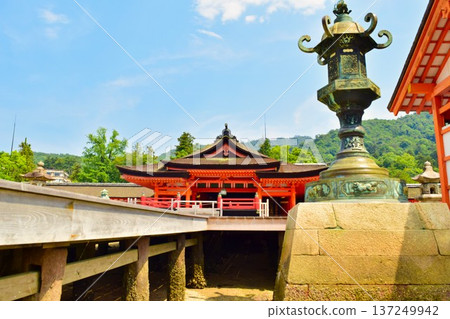 Summer scenery of Miyajima's Itsukushima Shrine main hall, a World Heritage site seen from the front Summer scenery of Miyajima's Itsukushima Shrine main hall, a World Heritage site seen from the front 137249942