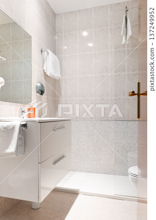 The interior of the hotel bathroom with beige tiled walls, a toilet and a mirror The interior of the hotel bathroom with beige tiled walls, a toilet and a mirror 137249952