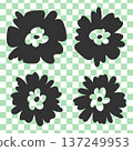Simple abstract flower silhouettes, isolated icon elements and Checkered seamless pattern square background Set. Hand drawn doodle sketch cartoon 70s style design collection. 137249953