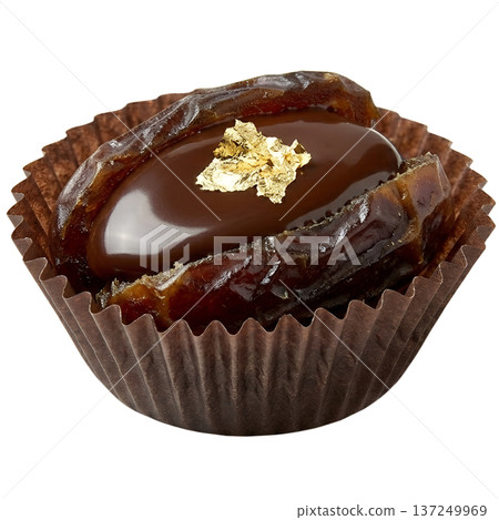 Luxurious gourmet date, dipped in dark chocolate and decorated with edible gold leaf, isolated. Perfect for elegant desserts and healthy indulgence 137249969
