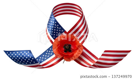 American flag ribbon tied with a bright red poppy flower, symbolizing remembrance day, veterans day, and honoring fallen heroes American flag ribbon tied with a bright red poppy flower, symbolizing remembrance day, veterans day, and honoring fallen heroes 137249970