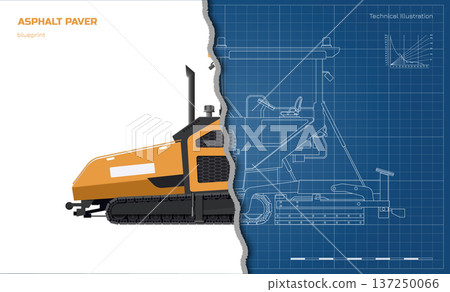 Asphalt paver drawing. Industrial road machine side view. Urban building vehicle. Isolated roadwork equipment 137250066