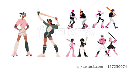 Baseball character cartoon vector set. Athlete players bat ball helmet team sports uniform batting stance roller, personage skating derby pink green black equipment isolated on white backdrop 137250074