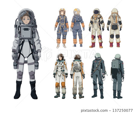 Astronaut space suit cartoon vector concept. Cosmonaut uniform clothing equipment gear futuristic science fiction cyberpunk techwear, galaxy pilot character anime isolated on white background 137250077