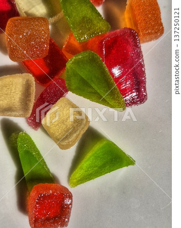 Close-up of colorful candies. Colorful jelly candies. Marmalade. Candied fruit. 137250121