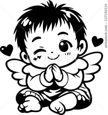Illustration of an angel baby surrounded by hearts with hands clasped together 137250124