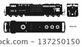 Isolated diesel cargo train silhouette. Black drawing of locomotive. Shape blueprint. Railway delivery. Side, top and front railroad vehicle view 137250150