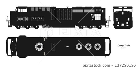 Isolated diesel cargo train silhouette. Black drawing of locomotive. Shape blueprint. Railway delivery. Side, top and front railroad vehicle view Isolated diesel cargo train silhouette. Black drawing of locomotive. Shape blueprint. Railway delivery. Side, top and front railroad vehicle view 137250150