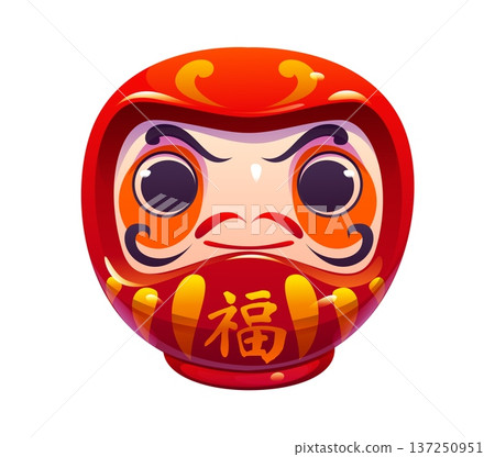 Japanese red Daruma doll with large round eyes and serious facial expression, decorated with golden ornaments and bold black strokes. Vector Daruma doll talisman with Japanese hieroglyphs of fortune 137250951