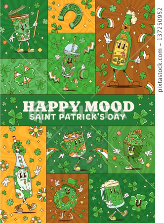 Patrick's Day funky groovy characters collage of green clovers and beer, cartoon vector. Happy Saint Patrick day greeting for Irish holiday with funny green ale bottle and cucpcake with Irelad flag 137250952