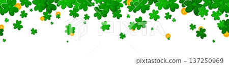 Happy St Patrick's day holiday border with green shamrock clover leaves and gold coins scattered across top. Festive Irish background with lucky symbols. Cartoon vector decorative frame or banner Happy St Patrick's day holiday border with green shamrock clover leaves and gold coins scattered across top. Festive Irish background with lucky symbols. Cartoon vector decorative frame or banner 137250969