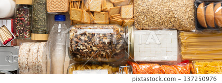 Essential home food stock for military operations and crises and for the period of quarantine and isolation, canned food, pasta, flour and nonperishable items,the concept of stay at home, banner 137250976