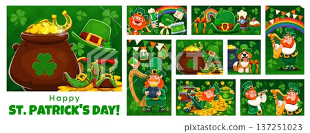 Happy Saint Patrick's Day holiday characters festive collage with shamrocks, cartoon vector. Funny leprechaun characters with gold coins, Ireland flag and lucky horseshoe for St Patrick greetings 137251023