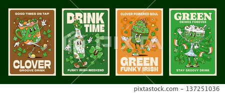 Patrick's day groovy funky Y2K posters for Irish holiday, vector retro cartoon. Groovy funny green cupcake character with hippie drink bottle and coffee cup with shamrock clovers and St Patrick quotes 137251036