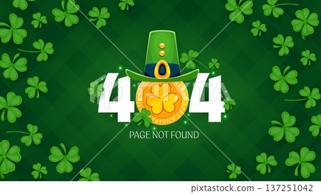 404 page not found template with green shamrock clover leaves, golden coin and leprechaun hat r on green plaid background. Festive vector Irish holiday internet error web banner with lucky symbols 137251042