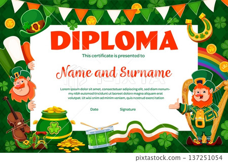 Kids diploma certificate for happy St Patrick's day holiday celebration. Vector festive Irish award frame template with cartoon leprechaun character, rainbow, pot with gold coin, horseshoe or shamrock 137251054