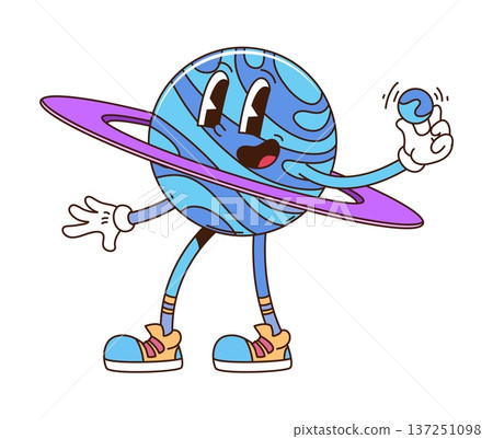 Space planet cartoon groovy funny character. Galaxy exploration hippie character, cosmos discovery groovy vector personage. Astronomy space research blue fantasy planet with purple ring cute mascot 137251098