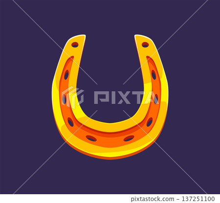 Happy St Patrick's day golden lucky horseshoe, Western cowboy horse shoe. Cartoon vector gold fortune or Wild West symbol, traditional talisman of good luck, success and prosperity in Irish folklore Happy St Patrick's day golden lucky horseshoe, Western cowboy horse shoe. Cartoon vector gold fortune or Wild West symbol, traditional talisman of good luck, success and prosperity in Irish folklore 137251100