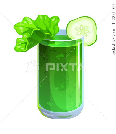 Healthy green smoothie drink in cylindrical transparent glass. Healthy nutrition fresh drink vector glass, detox diet raw vegetable smoothie. Vegan herbal beverage with cucumber slice and leafy greens Healthy green smoothie drink in cylindrical transparent glass. Healthy nutrition fresh drink vector glass, detox diet raw vegetable smoothie. Vegan herbal beverage with cucumber slice and leafy greens 137251106