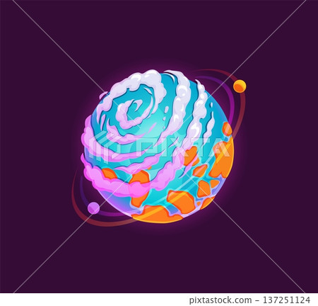 Cartoon alien planet with ice clouds and fiery magma surface floating in space. Colorful sci fi cosmic sphere with glowing orbital rings. Fantasy space vector game asset, extraterrestrial Galaxy world Cartoon alien planet with ice clouds and fiery magma surface floating in space. Colorful sci fi cosmic sphere with glowing orbital rings. Fantasy space vector game asset, extraterrestrial Galaxy world 137251124