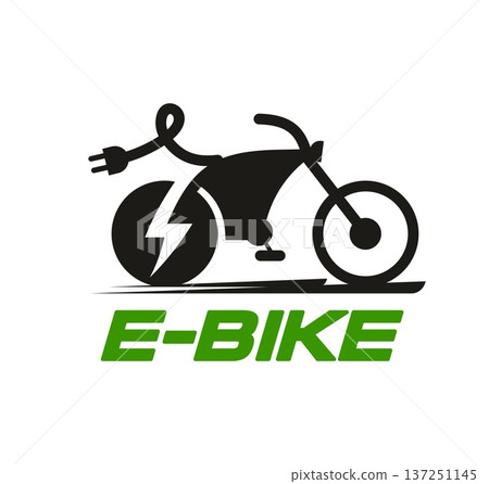 Electrobike icon, vector emblem with electric bicycle, plug and lightning bolt symbol. Vector modern ebike label for green sustainable urban technology, eco transport, energy, clean mobility vehicle Electrobike icon, vector emblem with electric bicycle, plug and lightning bolt symbol. Vector modern ebike label for green sustainable urban technology, eco transport, energy, clean mobility vehicle 137251145