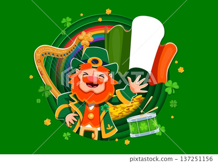 Happy St Patrick's day paper cut banner with leprechaun and Irish flag. Cartoon vector elf character in papercut 3d circle frame with Irish tricolor flag, shamrock clover, harp, rainbow, pot of gold Happy St Patrick's day paper cut banner with leprechaun and Irish flag. Cartoon vector elf character in papercut 3d circle frame with Irish tricolor flag, shamrock clover, harp, rainbow, pot of gold 137251156