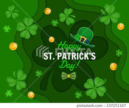 Paper cut Happy Patrick's day banner with shamrock clover leaves, vector greeting card. St Patrick's day poster with leprechaun golden coins and lucky trefoil clovers in paper cut shamrock frame Paper cut Happy Patrick's day banner with shamrock clover leaves, vector greeting card. St Patrick's day poster with leprechaun golden coins and lucky trefoil clovers in paper cut shamrock frame 137251167