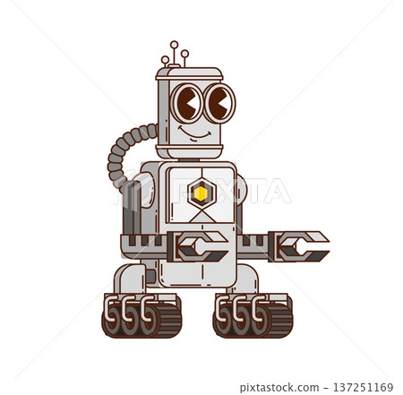 Cartoon groovy robot character with tracked base, claw arms and friendly face. Vector comic mechanical droid personage with antenna, big expressive eyes and funky y2k retro vibe. Futuristic cyborg toy Cartoon groovy robot character with tracked base, claw arms and friendly face. Vector comic mechanical droid personage with antenna, big expressive eyes and funky y2k retro vibe. Futuristic cyborg toy 137251169