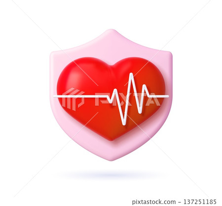 3d health check, heart pressure, heartbeat cardiogram icon inside protective shield showing heartbeat pulse line. Vector medical healthcare symbol for beat monitoring, wellness care, cardio protection 137251185