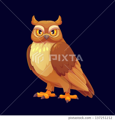 Cartoon Halloween brown owl character with serious look, fluffy feathers and pointed ears. Vector wise owlet night forest bird personage with large, yellow eyes, embodying wisdom, magic and mystery Cartoon Halloween brown owl character with serious look, fluffy feathers and pointed ears. Vector wise owlet night forest bird personage with large, yellow eyes, embodying wisdom, magic and mystery 137251212