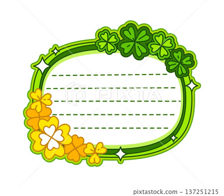 Spring shamrock clover leaves kids memo note template. Irish shamrock clover frame, Saint Patrick's motif diary isolated vector kids memo note. Spring leaf sticker or Ireland holiday scrapbook label 137251215