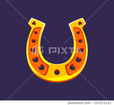 Golden lucky horseshoe, happy St Patrick's day horse shoe symbol with heart shaped holes. Cartoon vector traditional horseshoe festive icon, fortune talisman or charm for Irish holiday celebration Golden lucky horseshoe, happy St Patrick's day horse shoe symbol with heart shaped holes. Cartoon vector traditional horseshoe festive icon, fortune talisman or charm for Irish holiday celebration 137251222