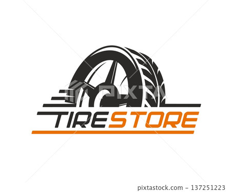 Tire store icon, truck tyre and wheel shop service. Vector bold automotive emblem with large wheel and tire silhouette, dynamic speed lines and clean typography. Modern truck tyre and wheel shop icon Tire store icon, truck tyre and wheel shop service. Vector bold automotive emblem with large wheel and tire silhouette, dynamic speed lines and clean typography. Modern truck tyre and wheel shop icon 137251223