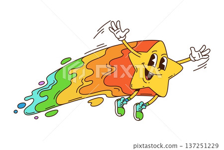 Space shooting star cartoon groovy funny character. Astronomy funky character, cosmos and space groovy isolated vector personage. Galaxy shooting and falling star cheerful happy smiling mascot 137251229