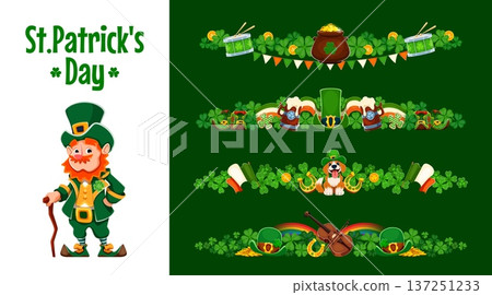 St Patrick's Day dividers, separators and border frames for Irish holiday, vector decorations. Funny leprechaun character, shamrock clovers, Ireland flag ribbon and gold coins for St Patrick dividers St Patrick's Day dividers, separators and border frames for Irish holiday, vector decorations. Funny leprechaun character, shamrock clovers, Ireland flag ribbon and gold coins for St Patrick dividers 137251233