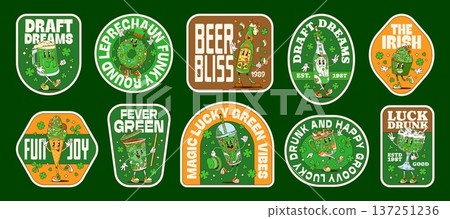 Patrick's day hippie groovy stickers for Irish holiday, vector retro label patches. Y2K groovy stickers, funky green ale beer pint character, cartoon donut and shamrock clover with St Patrick quotes 137251236
