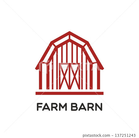 Red wooden farm barn icon with crossed door. Vector rural wood farmhouse building symbol or emblem of agriculture, countryside farming tradition, harvest, livestock organic country life, eco village Red wooden farm barn icon with crossed door. Vector rural wood farmhouse building symbol or emblem of agriculture, countryside farming tradition, harvest, livestock organic country life, eco village 137251243