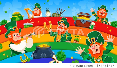 Funny leprechauns characters on rainbow on Happy St Patrick's day greeting card, cartoon vector. Leprechauns playing harp with lucky horseshoe or gold coins on rainbow for Saint Patrick holiday banner 137251247