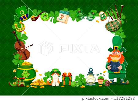 Happy St Patrick's Day festive banner for Irish holiday, vector frame for greeting card. Funny leprechaun character with gold coins pot, shamrock clovers, violin and bagpipes for Saint Patrick banner Happy St Patrick's Day festive banner for Irish holiday, vector frame for greeting card. Funny leprechaun character with gold coins pot, shamrock clovers, violin and bagpipes for Saint Patrick banner 137251258