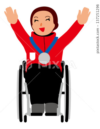 Illustration of a female medalist in a wheelchair celebrating her medal win - Banzai for Silver Medal Winner 02 137251296