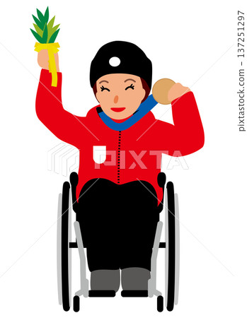 插圖：一位坐在輪椅上的女獎牌得主正在慶祝獲得獎牌（銅牌得主01），她一手拿著獎牌，一手拿著桂冠。 137251297
